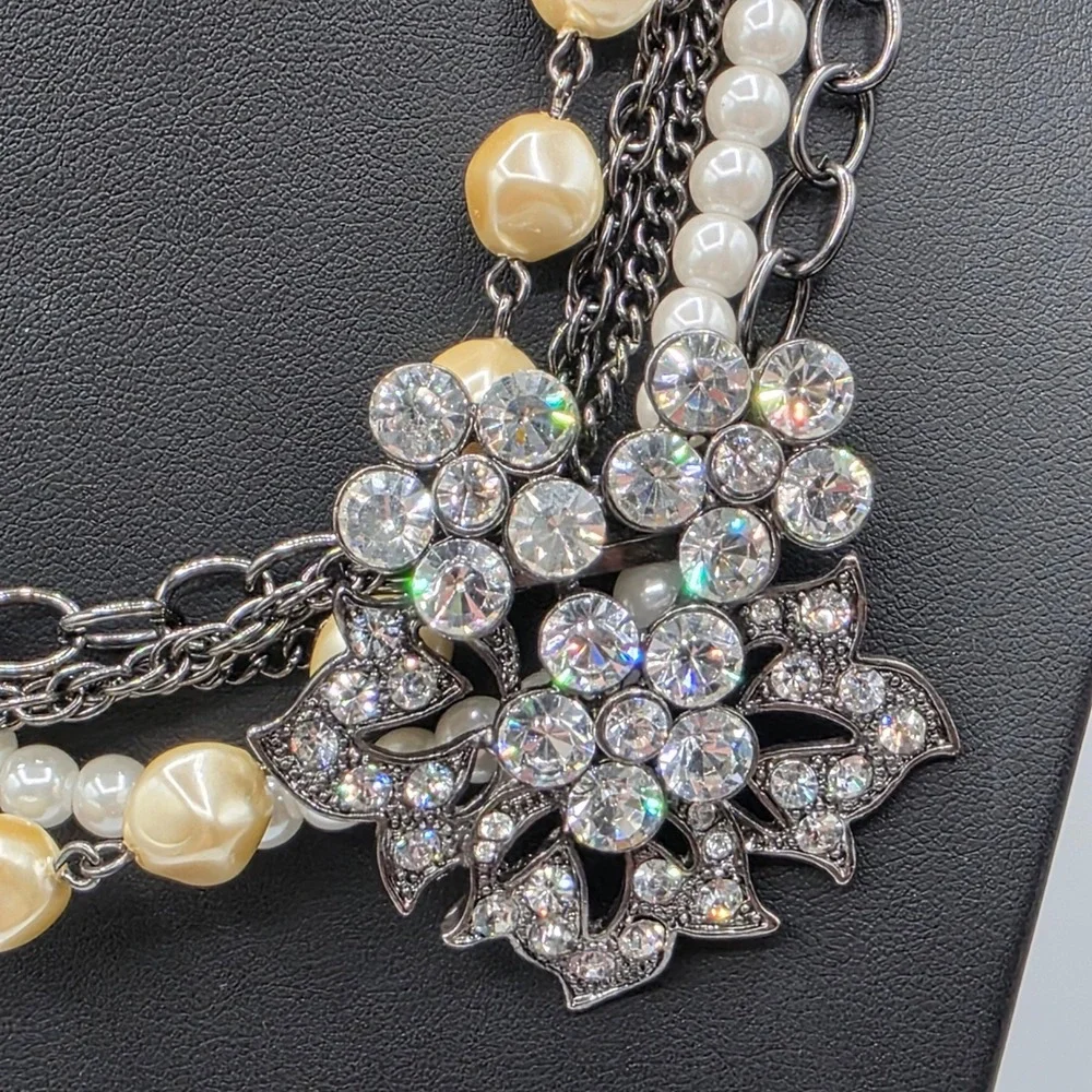 Express Gunmetal Faux Pearl Rhinestone Floral Multi Strand Statement Necklace‎